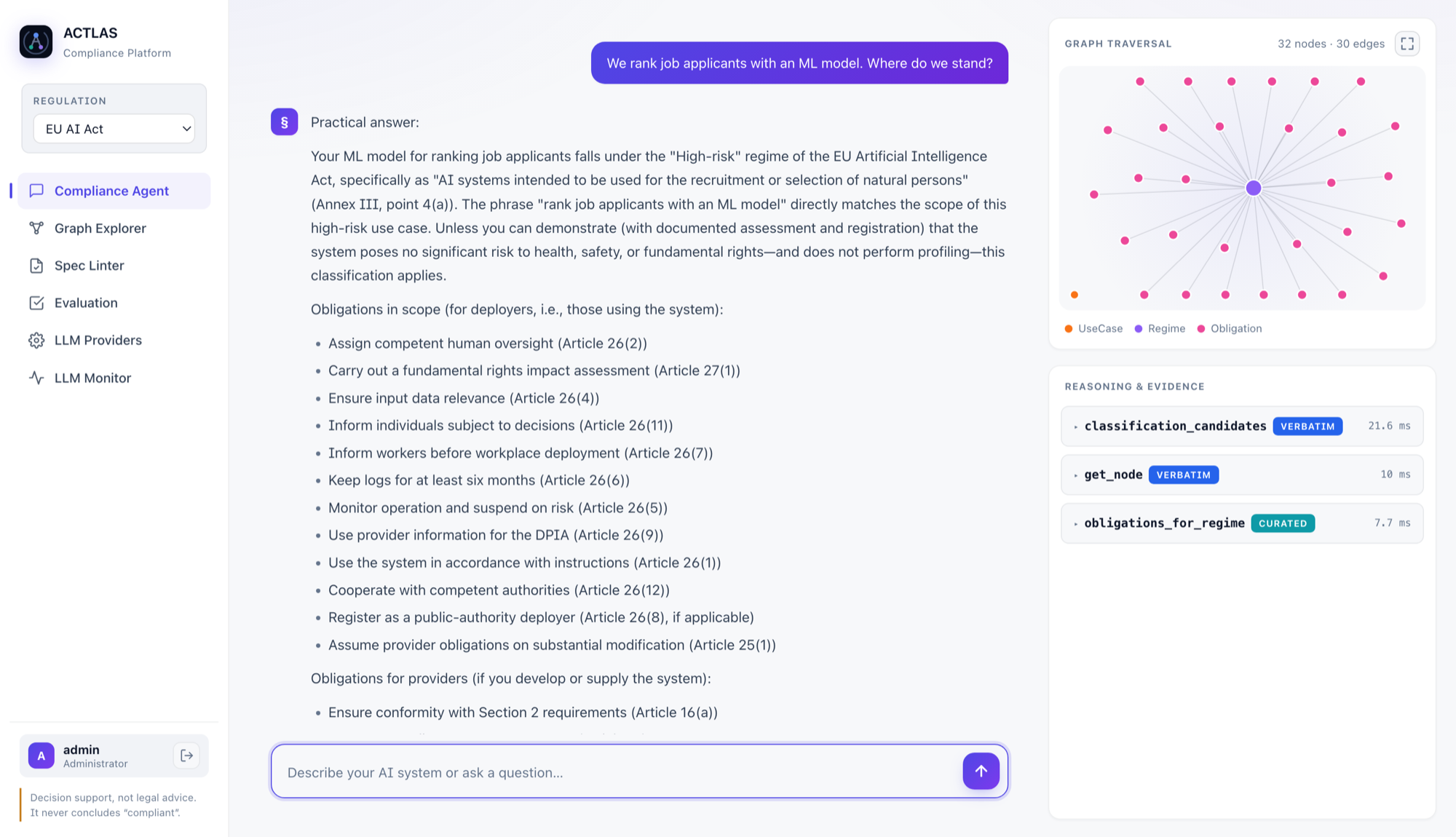 Compliance Agent: an ML hiring tool classified high-risk, the obligations that follow, and the sub-graph the agent traversed